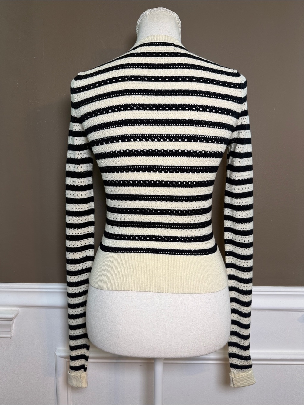 Amanda Uprichard Seine Cardigan XS Black Cream Striped Pointelle Crop - Picture 4 of 10